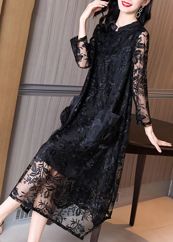 Italian Black Stand Collar Embroidered Pockets Patchwork Tulle Dress Fall Tulle Party Dress