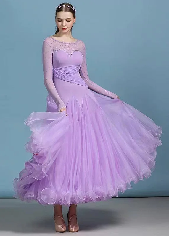 Modern Purple Zircon Tulle Patchwork Exra Large Hem Dance Dress Long Sleeve Vintage Tulle Dress