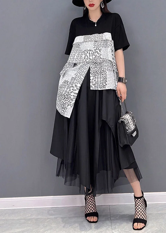 Fashion Black Asymmetrical Design Patchwork Tulle vacation Dress Short Sleeve Tulle Lace Gown