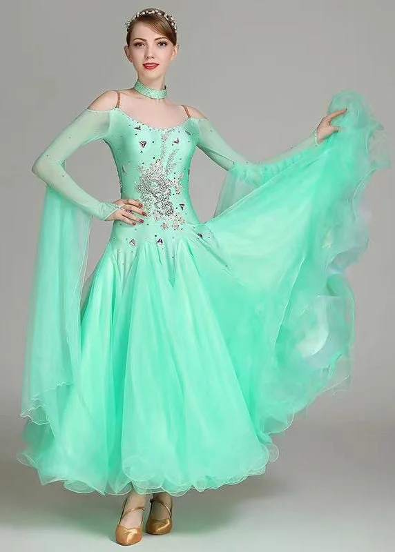 Fitted Light Green Zircon Tulle Patchwork Dance Dress Long Sleeve Tulle Dress Dream