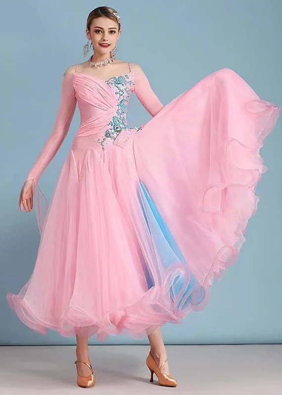 Fitted Pink Embroideried Ruffled Tulle Patchwork Dance Dress Long Sleeve Tulle Dress Outfit