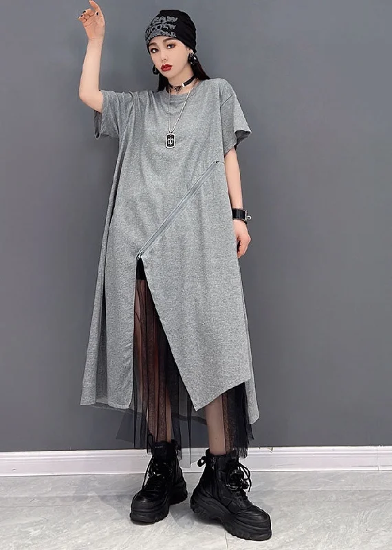 Handmade Grey O-Neck Tulle Patchwork Cotton Streetwear Dresses Short Sleeve Tulle Dress Modern