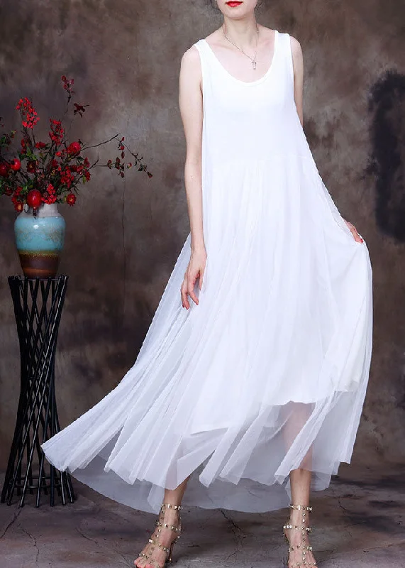 Slim Fit Solid White O-Neck Tulle Patchwork Cotton Spaghetti Strap Dress Sleeveless Tulle Dress Glam