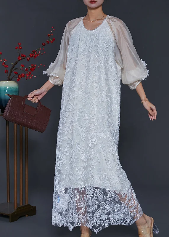 Women White Embroidered Tulle Robe Dresses Lantern Sleeve Sweet Tulle Dress