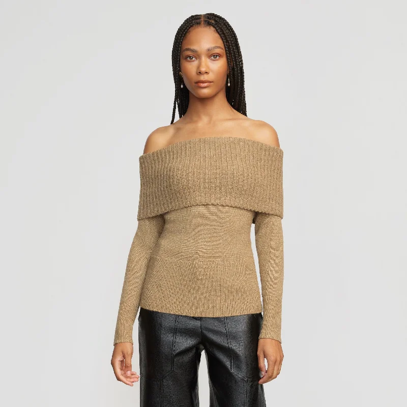 Kiana Ribbed Off-Shoulder Sweater | Walnut Long Sleeve Knit Dress