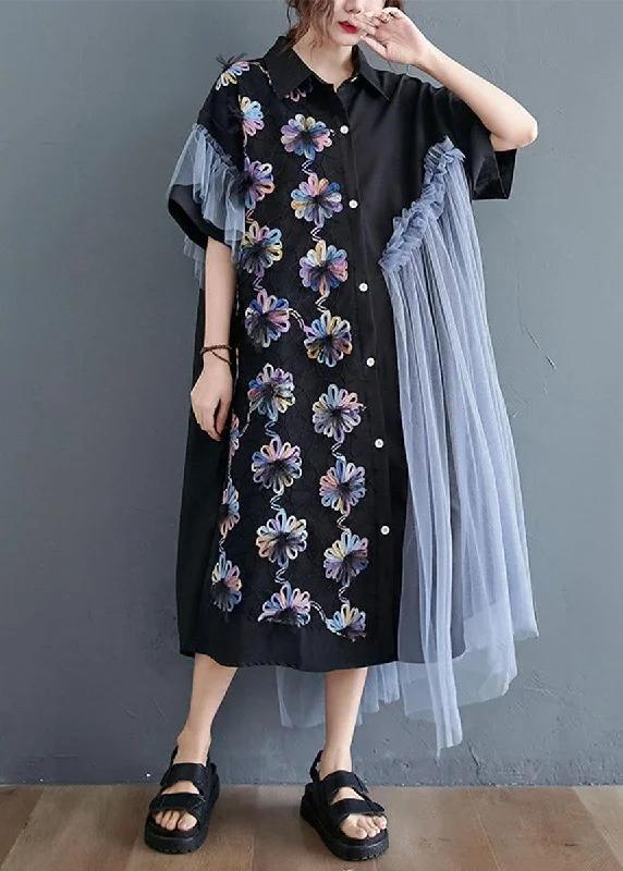 Casual Black Patchwork Tulle Peter Pan Collar Summer Button Dresses Half Sleeve Tulle Maxi Dress