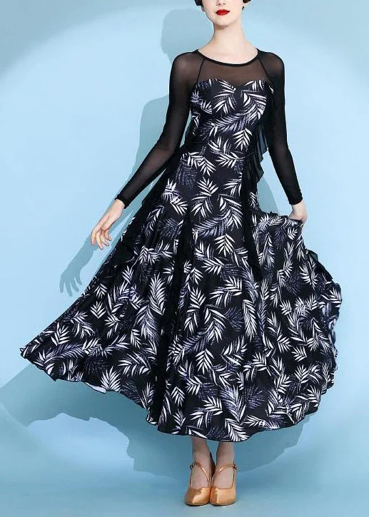 Black Tulle Patchwork Chiffon Long Dresses O Neck Long Sleeve Elegant Tulle Gown