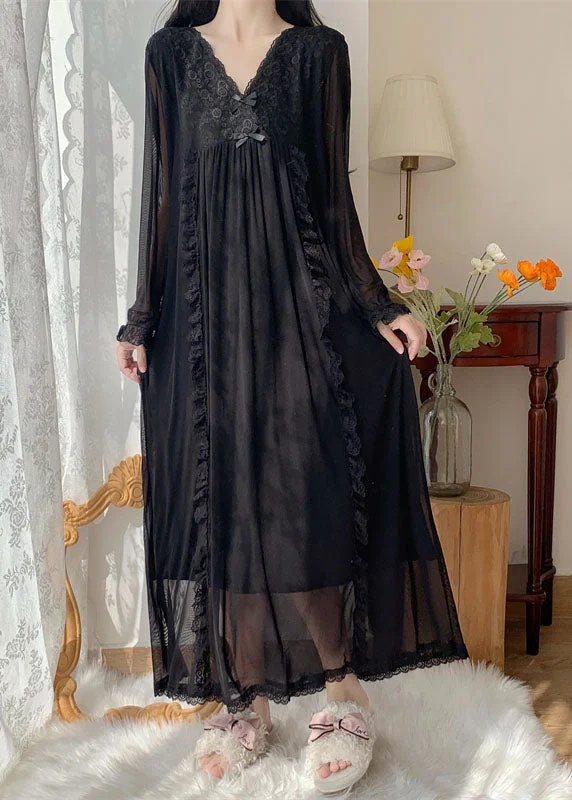 Bohemian Black Wrinkled Ruffled Lace Patchwork Tulle Vacation Maxi Dresses Long Sleeve Pink Tulle Dress