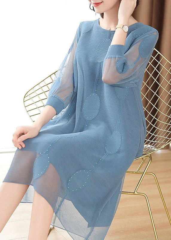 Women Blue Dot Embroidered Tulle Holiday Maxi Dress Fall Tulle Dress Color