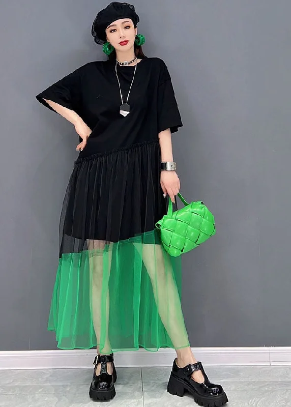 Chic Black O-Neck Tulle Patchwork Cotton Robe Dresses Short Sleeve Tulle Dress Formal