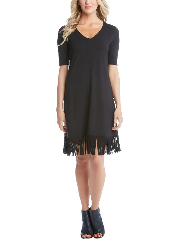 Womens V Neck Fringe Hem T-Shirt Dress Long Sleeve Shirt