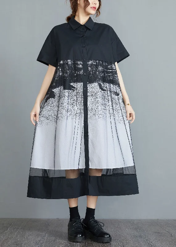 Style Black Peter Pan Collar Tulle Patchwork Cotton Maxi Dresses Short Sleeve Pleated Tulle Dress