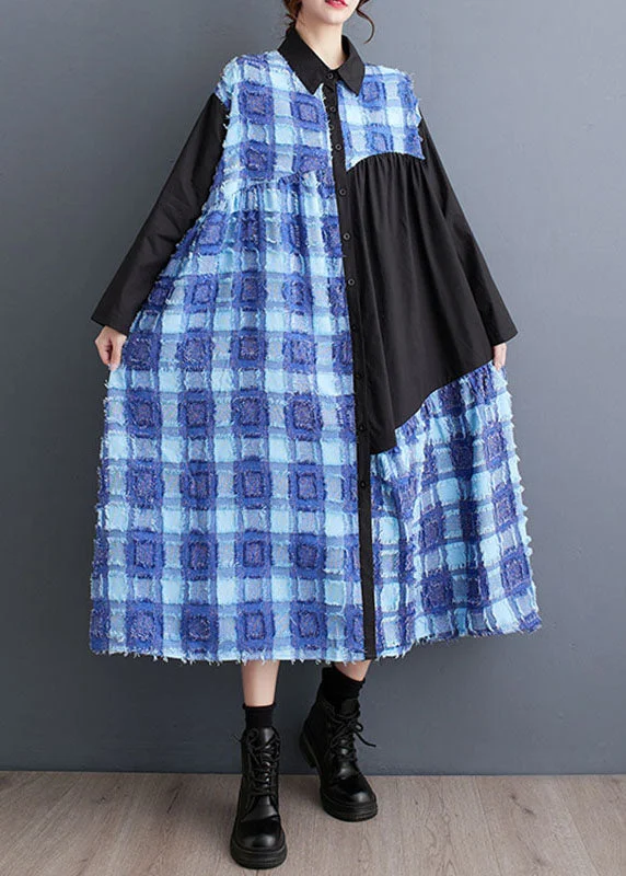 Boho Blue Asymmetrical Tulle Patchwork Button Maxi Shirts Dress Fall Tulle Dress Classic