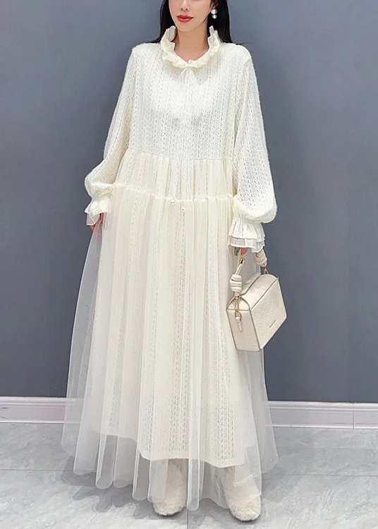 Chic White Ruffled Tulle Lace Dresses Long Sleeve Sparkling Tulle Dress