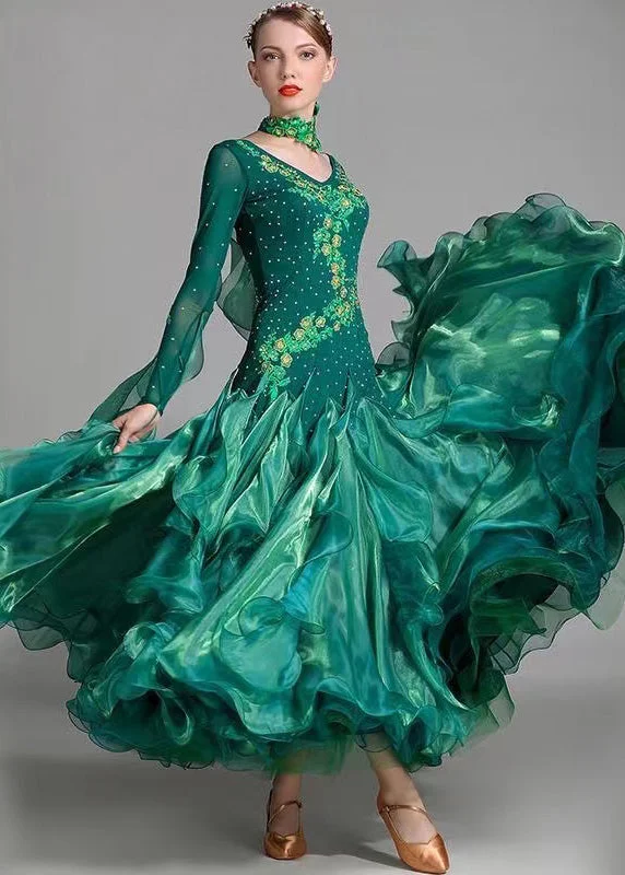 Original Blackish Green Embroideried Zircon Patchwork Tulle Dance Dress Long Sleeve Tulle Dress Look