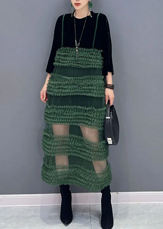 Boho Black Patchwork Green O-Neck Fake Two Pieces Tulle Long Dresses Long Sleeve Tulle Dress Layers