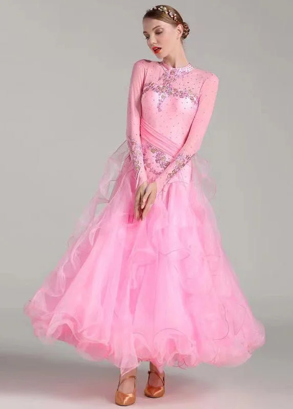 Original Pink Embroideried Zircon Tulle Patchwork Dance Dress Long Sleeve Tulle Dress Formal