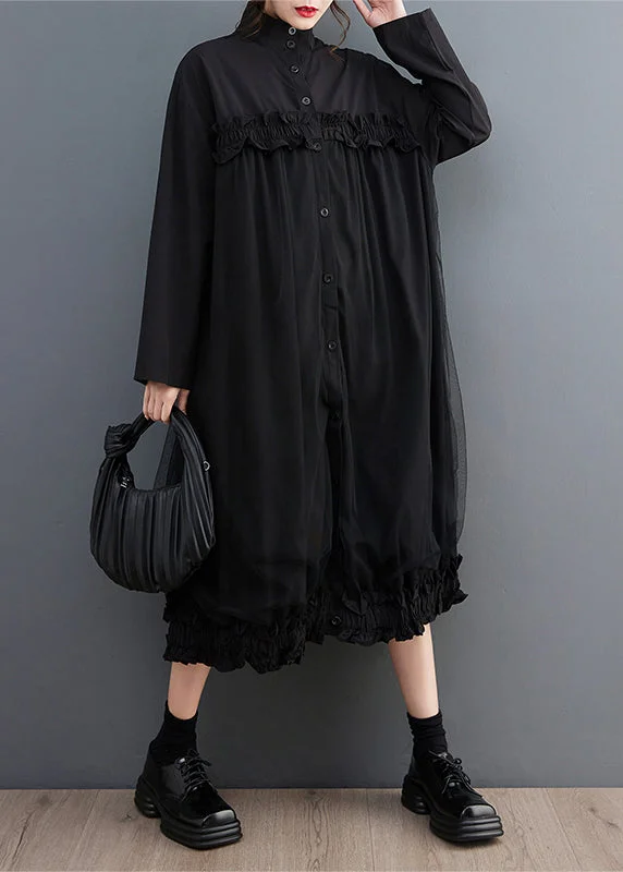 Black Tulle Button Patchwork Shirts Dress Stand Collar Long Sleeve Tulle Dress Party