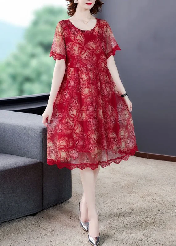 Elegant Red O Neck Print Lace Tulle Dress Summer Tulle Dress Sleek