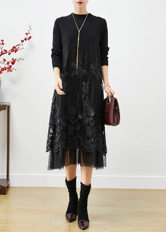 Diy Black Embroideried Patchwork Tulle Knit Long Dress Fall Tulle Dress Party