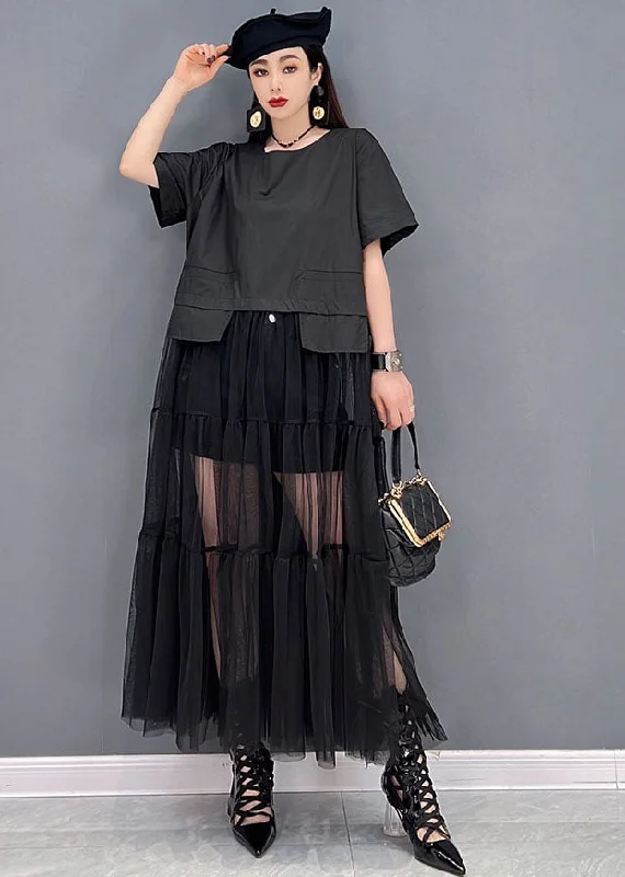 Women Black O-Neck Patchwork Tulle Long Dress Short Sleeve Long Sleeve Tulle