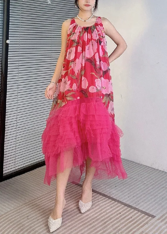 Red Asymmetrical Tulle Patchwork Dresses O-Neck Summer Tulle Dress Formal