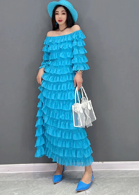 Fashion Blue Slash Neck Layered Ruffles Tulle Long Dresses Half Sleeve Tulle Dress Sparkling