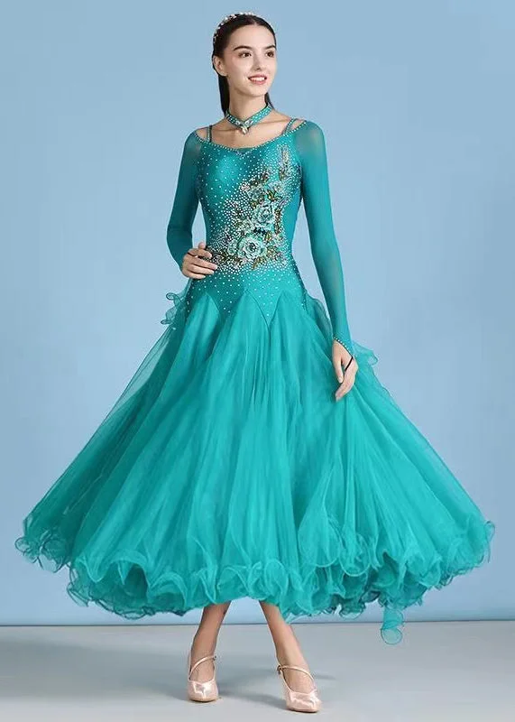 Boutique Peacock Green Zircon Ruffled Tulle Patchwork Dance Dress Full Sexy Tulle Dress