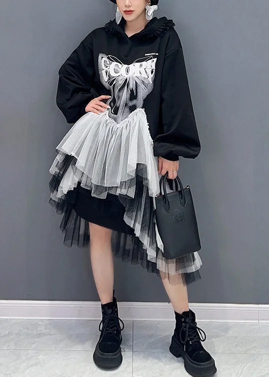 Style Black Hooded Wrinkled Asymmetrical Tulle Patchwork Cotton Dresses Fall Short Tulle Dress