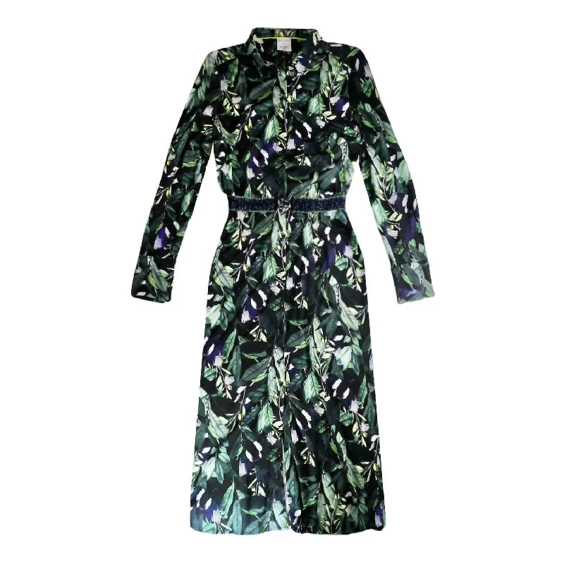 Leaf Print Long Shirt Dress In Green/multi Fit-and-Flare Shirt Dress