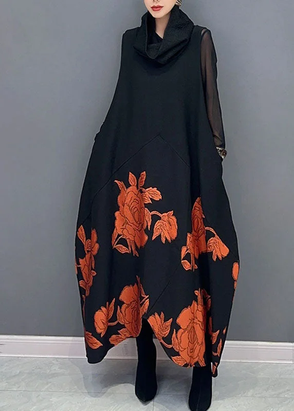 Fine Black Patchwork Orange Turtleneck Print Tulle Patchwork Knit Long Dresses Long Sleeve Tulle Maxi Dress