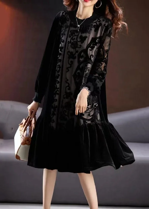 Elegant Black Embroidered Tulle Patchwork Silk Velour Long Dress Long Sleeve Tulle Dress Occasion