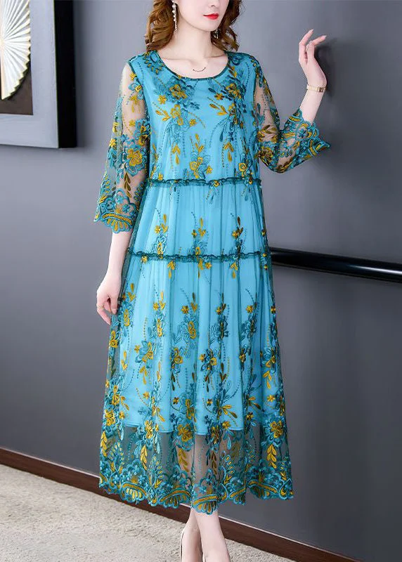 Classy Blue Embroideried Ruffled Tulle Long Dresses Bracelet Sleeve Tulle Dress Trend