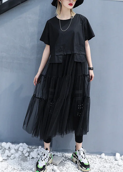 Black Baggy Tulle Patchwork A Line Dress O-Neck Oversized Short Sleeve Pleated Tulle Dress