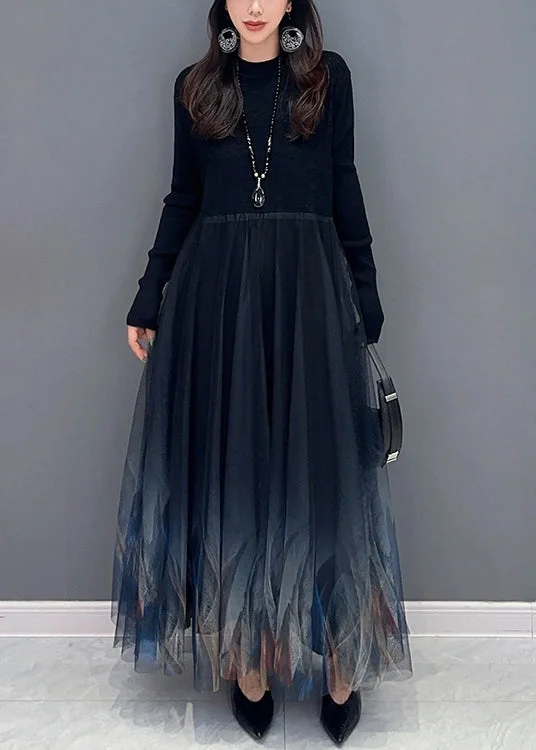 Women Black Knit Patchwork Tulle Dress Long Sleeve Tulle Ball Gown