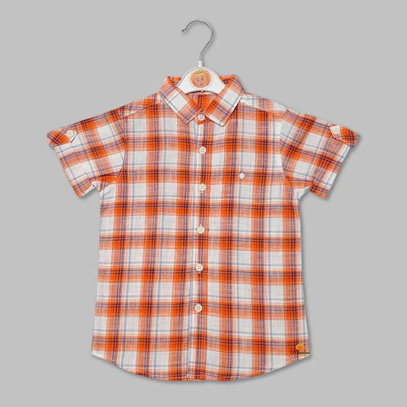 Orange Checked Half Sleeve Shirt for Boys Pleated Shirt Gown