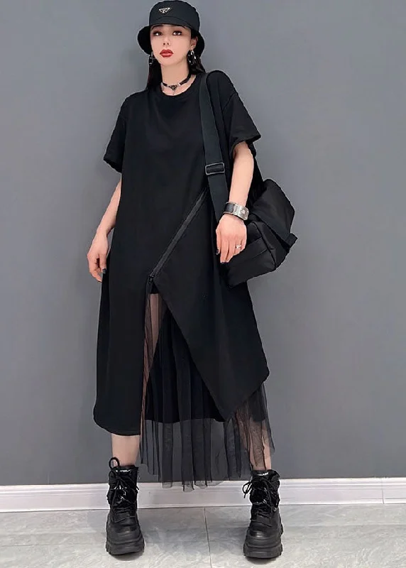 Black Tulle Patchwork Cotton Pullover Streetwear Dresses Zip Up Short Sleeve Tulle Lace Gown