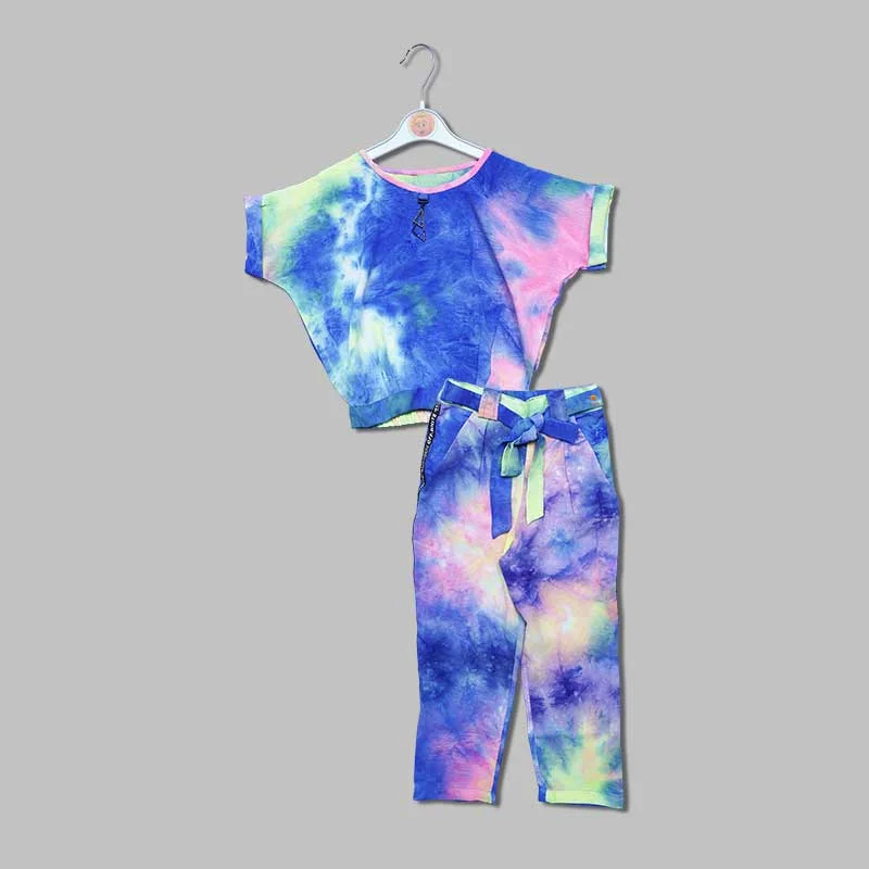 Blue & Pink Tie Dye T-shirt and Pant Set for Kids Feminine Shirt Dress