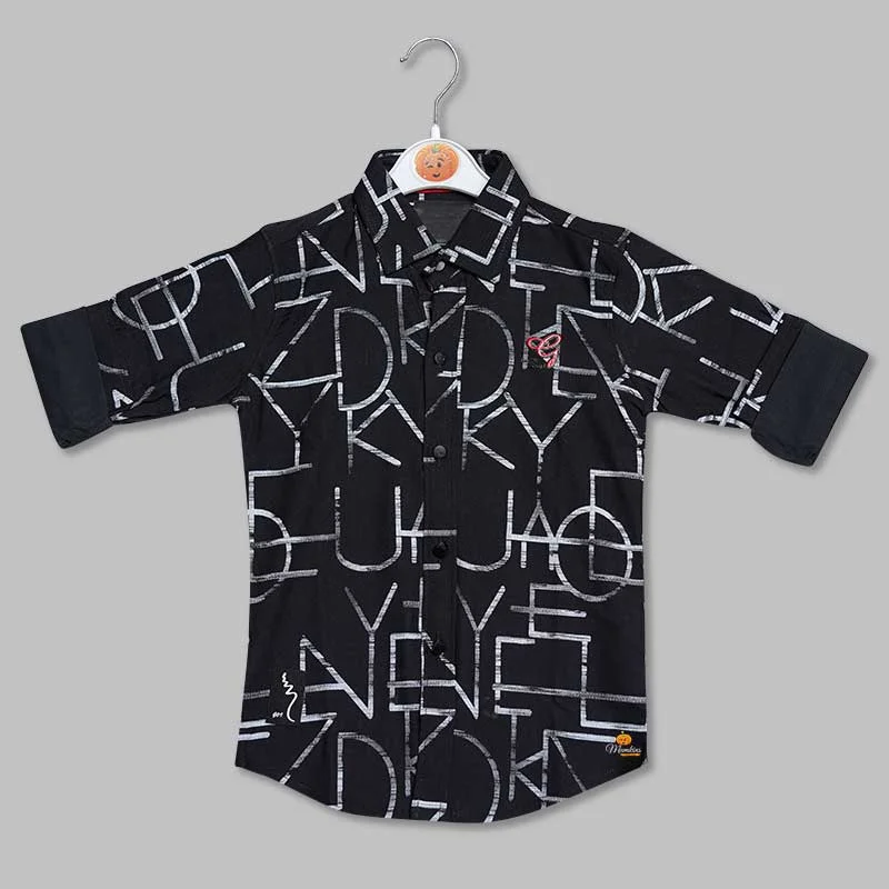 Black Calligraphic Print Shirt for Boys Wrap Shirt Dress