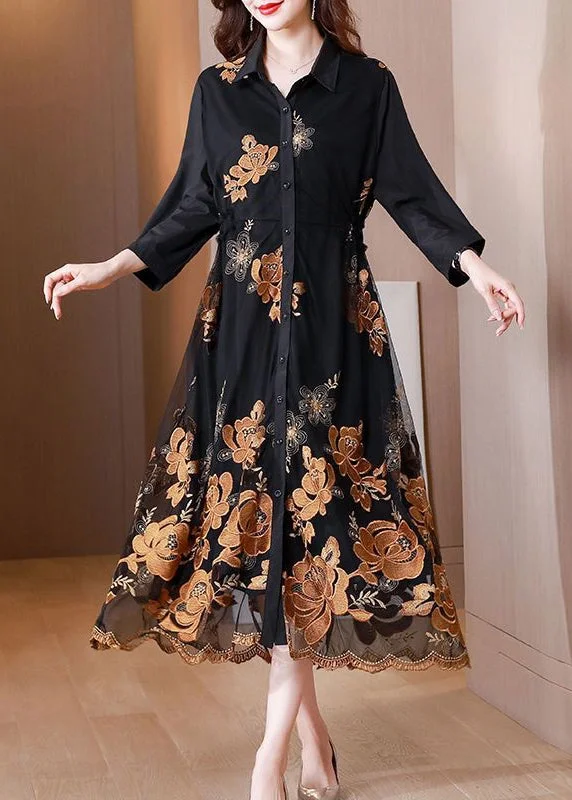 Fashion Black Embroideried Tie Waist Tulle Patchwork Shirts Long Dresses Fall Tulle Ball Gown