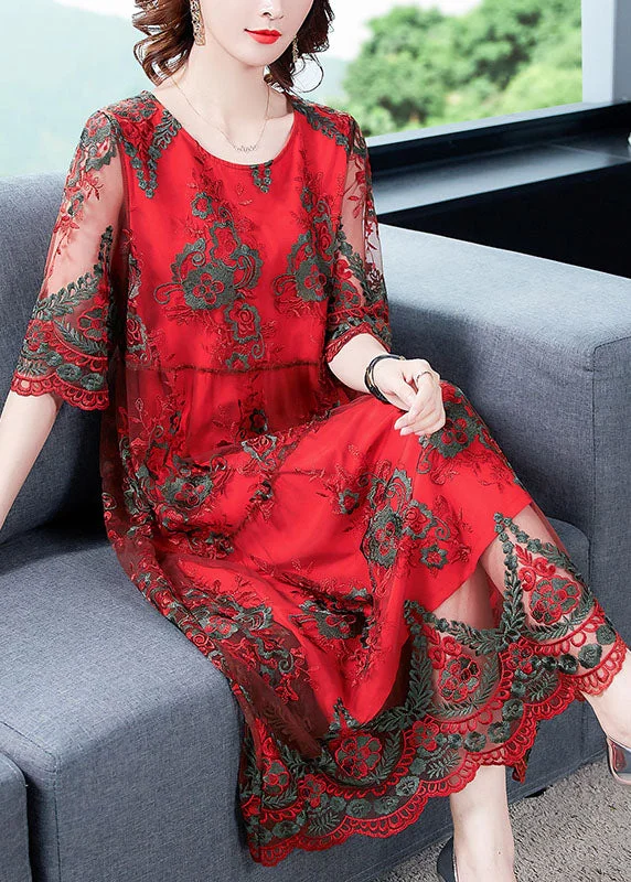 Elegant Red O-Neck Embroideried Tulle Vacation Dress Half Sleeve Tulle Dress Occasion