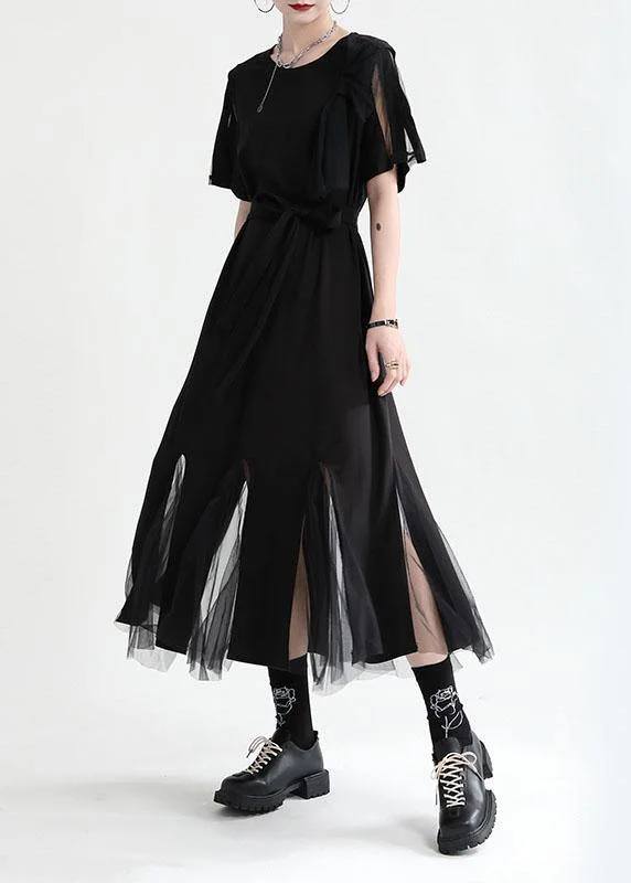 Art Black Patchwork Tulle Summer Tie Waist Dress Short Sleeve Soft Tulle Dress