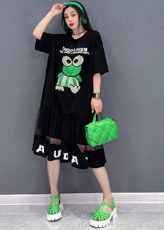 Bohemian Black Patchwork Tulle Diamonds Cotton Sweatshirt Dress Short Sleeve Boho Tulle Dress