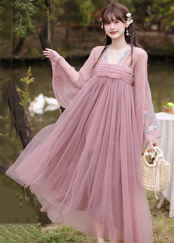 New Purple Embroideried Wrinkled Patchwork Tulle Long Dress Fall Ruffled Tulle Dress