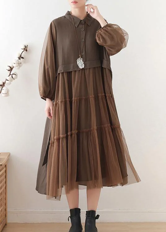 Vintage Chocolate Cotton Patchwork Tulle Summer Holiday Dress Boho Tulle Dress