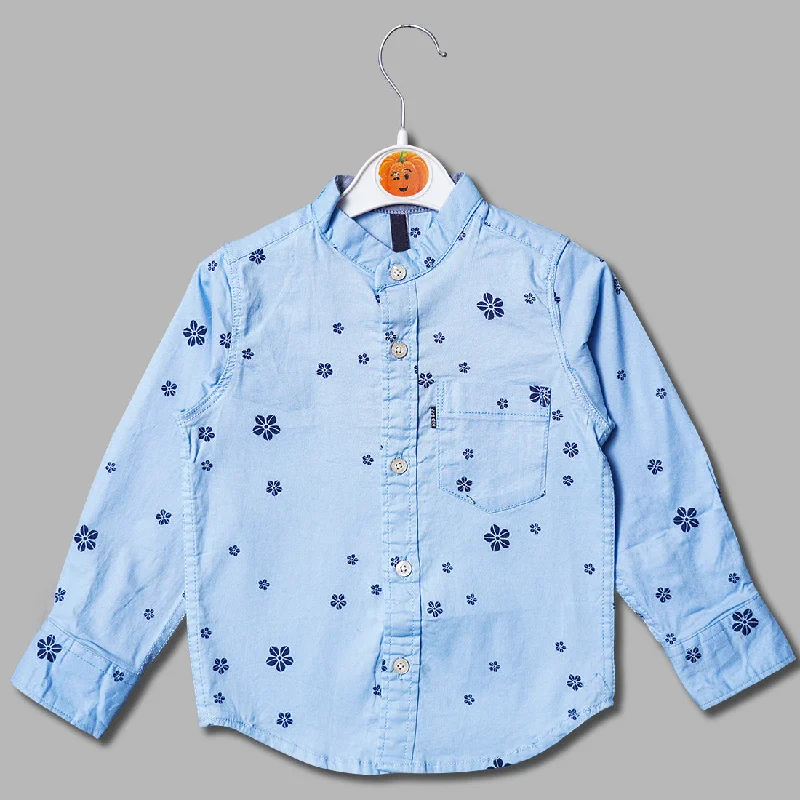 Sky Blue Flower Print Full Sleeves Shirt for Boys Button Front Shirt