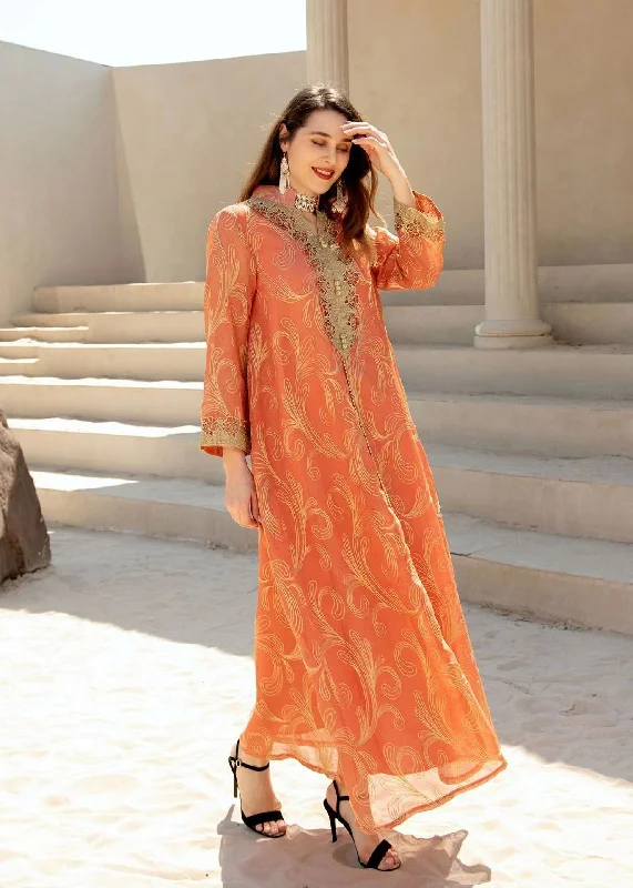 Natural Orange Stand Collar Embroideried Button Tulle Holiday Long Dress Fall Sparkling Tulle Dress