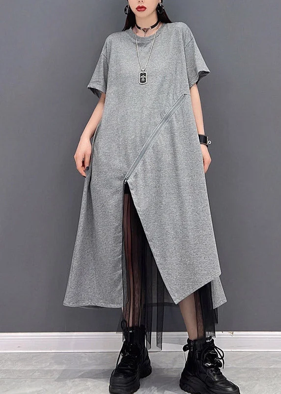 Fashion Grey O-Neck Zippered Tulle Patchwork Dresses Short Sleeve Tulle Dress Modern