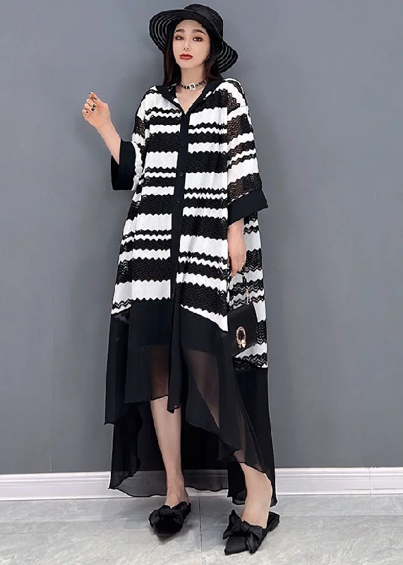 Loose Black Hooded Striped Print Low High Design Tulle Vacation UPF 50+ Dresses Bracelet Sleeve Tulle Dress Set