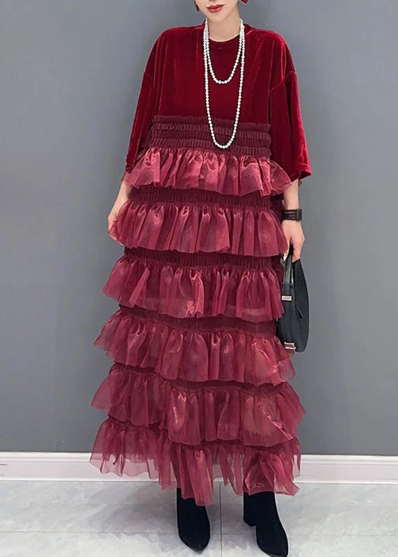 Organic Red O-Neck Tulle Patchwork Silk Velour Maxi Dress Bracelet Sleeve Tulle Dress Sleek